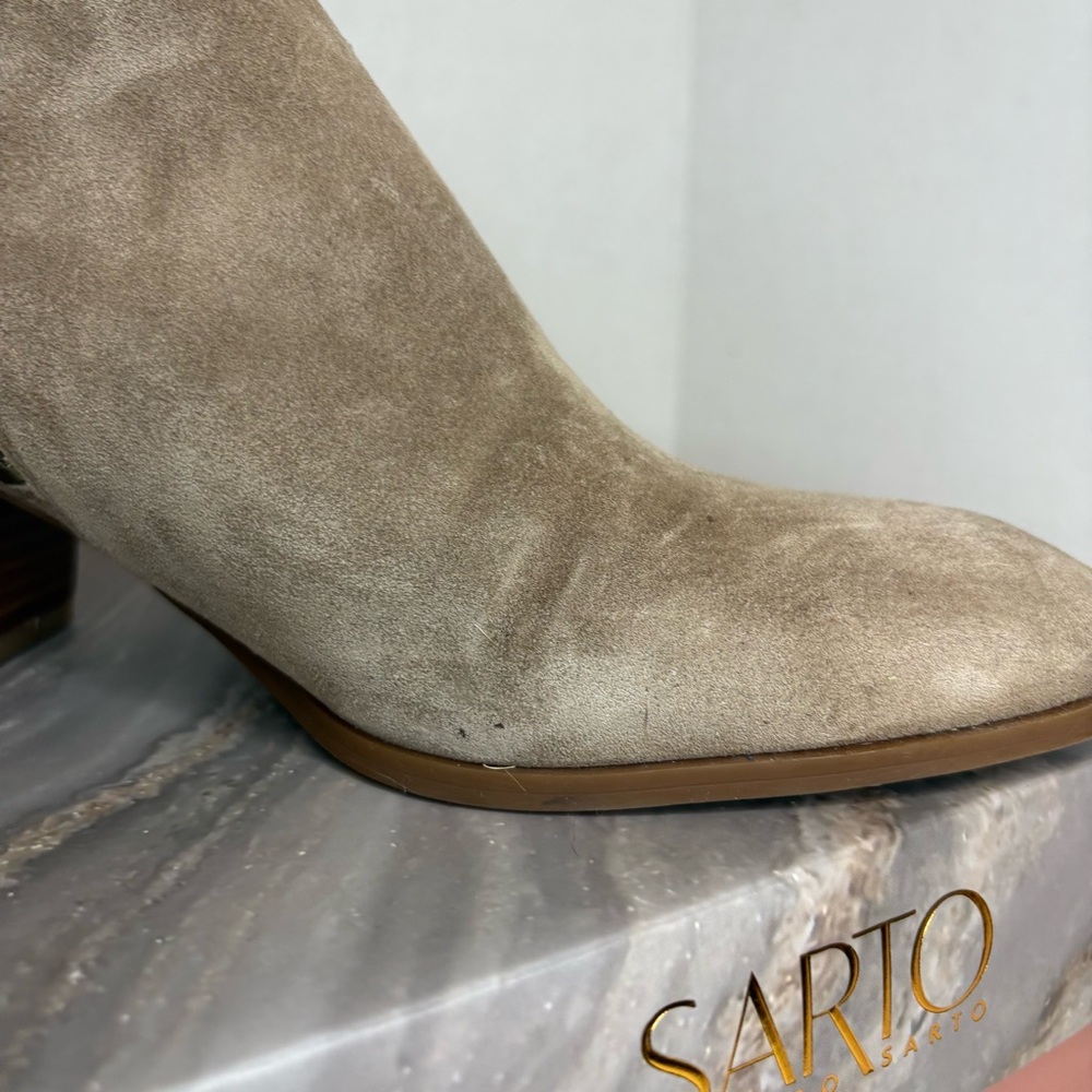 SARTO Taupe Suede Ankle Booties with Side Zip - Picture 4 of 6